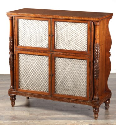 Lot 1505 - A REGENCY MAHOGANY SIDE CABINET WITH TRELLIS GRILLE DOORS