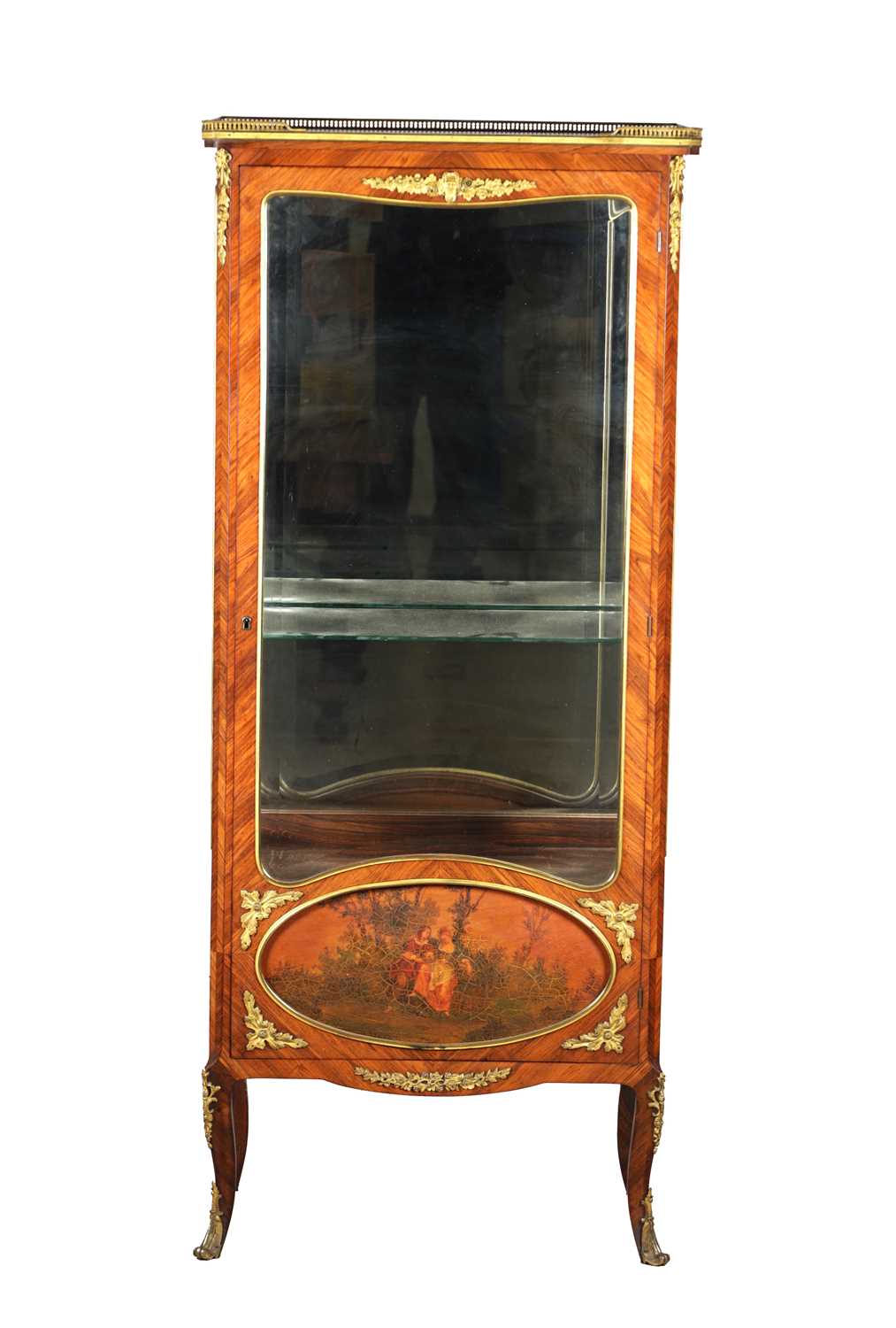 Lot 1555 - A 19TH CENTURY FRENCH ORMOLU MOUNTED KINGWOOD VITRINE WITH VERNIS MARTIN PANEL