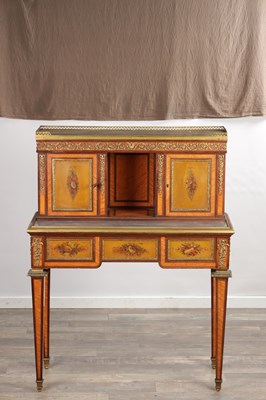 Lot 1535 - A FINE 19TH CENTURY FRENCH ORMOLU MOUNTED KINGWOOD AND PAINTED WRITING CABINET