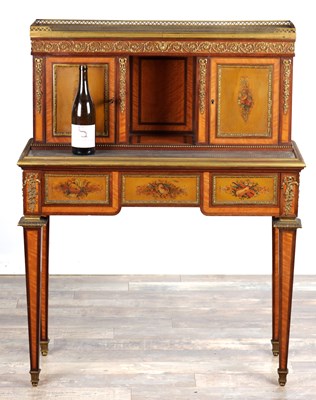 Lot 1535 - A FINE 19TH CENTURY FRENCH ORMOLU MOUNTED KINGWOOD AND PAINTED WRITING CABINET