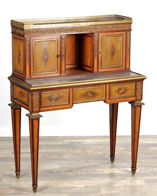 Lot 1535 - A FINE 19TH CENTURY FRENCH ORMOLU MOUNTED KINGWOOD AND PAINTED WRITING CABINET