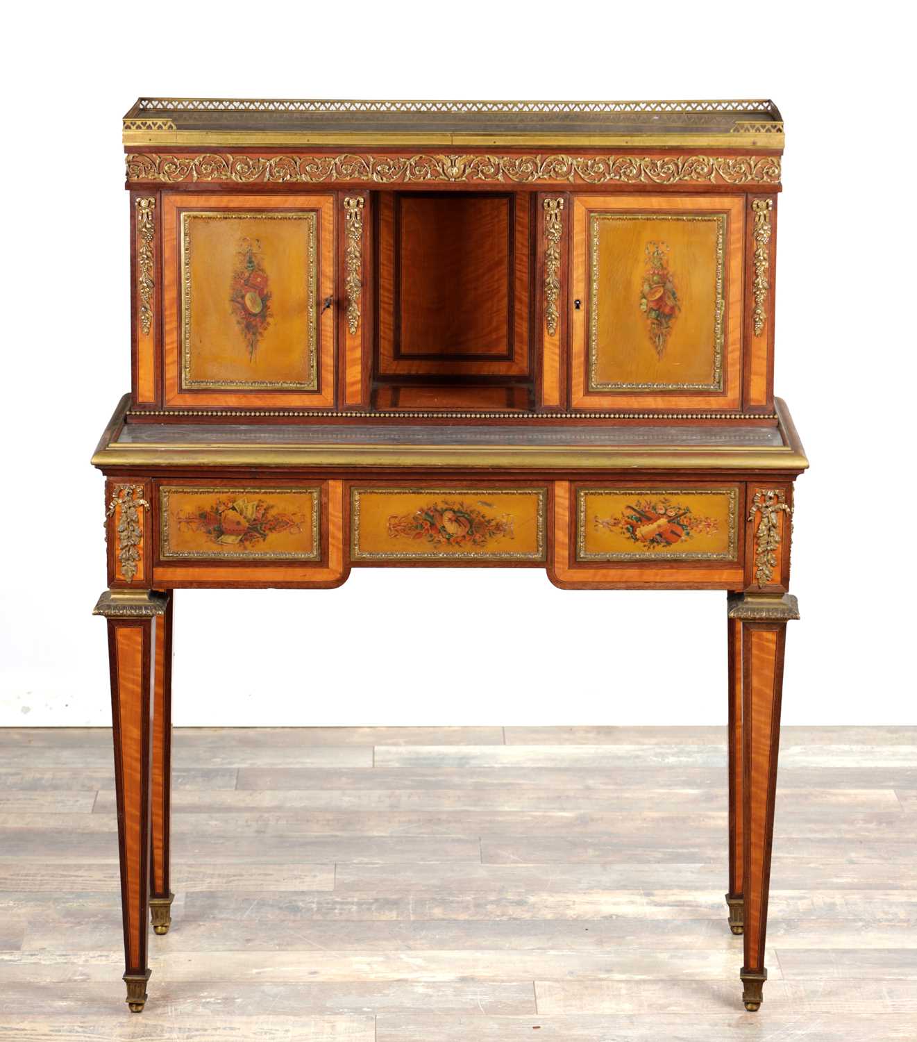 Lot 1535 - A FINE 19TH CENTURY FRENCH ORMOLU MOUNTED KINGWOOD AND PAINTED WRITING CABINET