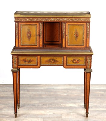 Lot 1535 - A FINE 19TH CENTURY FRENCH ORMOLU MOUNTED KINGWOOD AND PAINTED WRITING CABINET