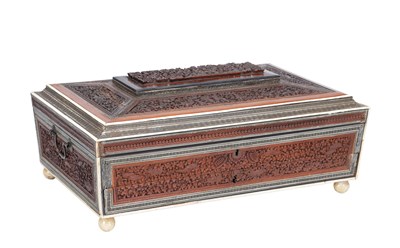 Lot 781 - A 19TH CENTURY ANGLO INDIAN SANDALWOOD AND IVORY WORK BOX