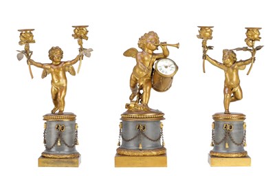 Lot 1289 - A THREE PIECE LATE 19TH CENTURY FRENCH GILT AND PATINATED BRONZE CLOCK GARNITURE