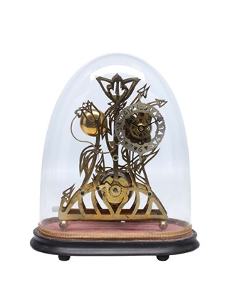 Lot 1169 - AN EARLY 20TH CENTURY BRASS SKELETON CLOCK UNDER GLASS DOME ON EBONISED BASE