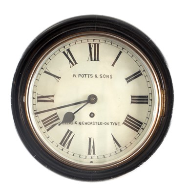 Lot 1314 - W. POTTS & SONS, LEEDS & NEWCASTLE-ON-TYNE, AN EARLY 20TH CENTURY EBONISED 10 INCH FUSEE WALL CLOCK