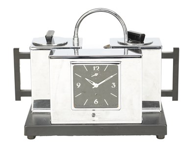 Lot 1261 - AN ART DECO L.G. HAWKINS CHROMIUM-PLATED TEASMADE ALARM CLOCK