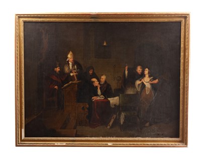 Lot 924 - A 19TH CENTURY OIL ON CANVAS PAINTING THE TRIBUNAL OF THE HOLY OFFICE OF THE INQUISITION