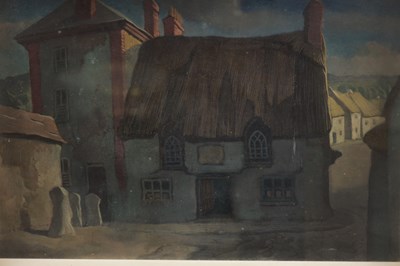Lot 869 - HENRY EPWORTH ALLEN (1894-1958) AN ENGLISH WATERCOLOUR OIL ON BOARD OF A THATCHED COTTAGE 'A COTTAGE IN GALWAY IRELAND'