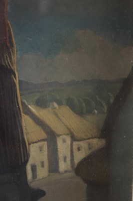 Lot 869 - HENRY EPWORTH ALLEN (1894-1958) AN ENGLISH WATERCOLOUR OIL ON BOARD OF A THATCHED COTTAGE 'A COTTAGE IN GALWAY IRELAND'