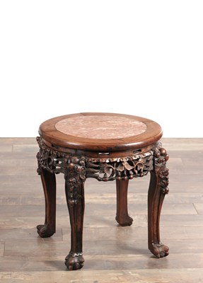 Lot 710 - A LATE 19TH CENTURY CHINESE HARDWOOD JARDINIERE STAND WITH ROUGE MARBLE INSET TOP