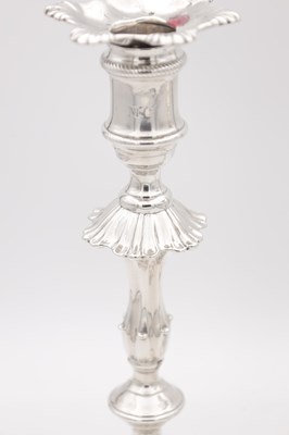 Lot 19 - A FINE PAIR OF GEORGE III ENGLISH CAST SILVER CANDLESTICKS BY EBENEZER COKER