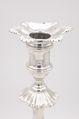 Lot 19 - A FINE PAIR OF GEORGE III ENGLISH CAST SILVER CANDLESTICKS BY EBENEZER COKER