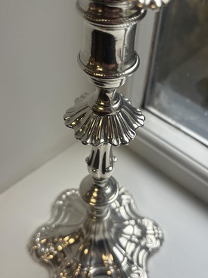 Lot 19 - A FINE PAIR OF GEORGE III ENGLISH CAST SILVER CANDLESTICKS BY EBENEZER COKER