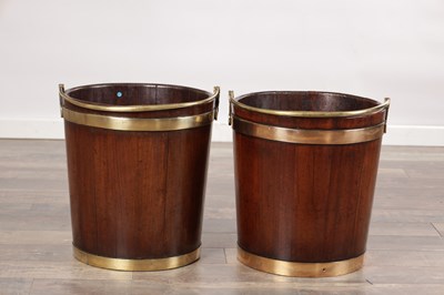 Lot 1519 - A PAIR OF GEORGE III MAHOGANY BRASS BOUND PEAT BUCKETS