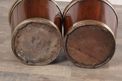 Lot 1519 - A PAIR OF GEORGE III MAHOGANY BRASS BOUND PEAT BUCKETS