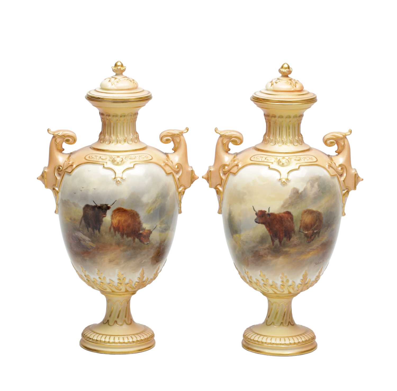 Lot 585 - JOHN STINTON. A FINE PAIR OF ROYAL WORCESTER PORCELAIN OVOID PEDESTAL CABINET VASES AND COVERS