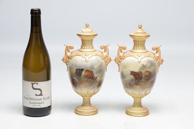 Lot 585 - JOHN STINTON. A FINE PAIR OF ROYAL WORCESTER PORCELAIN OVOID PEDESTAL CABINET VASES AND COVERS
