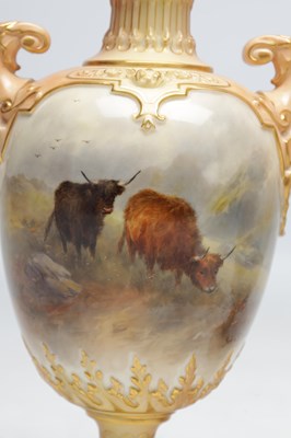 Lot 585 - JOHN STINTON. A FINE PAIR OF ROYAL WORCESTER PORCELAIN OVOID PEDESTAL CABINET VASES AND COVERS