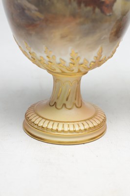 Lot 585 - JOHN STINTON. A FINE PAIR OF ROYAL WORCESTER PORCELAIN OVOID PEDESTAL CABINET VASES AND COVERS