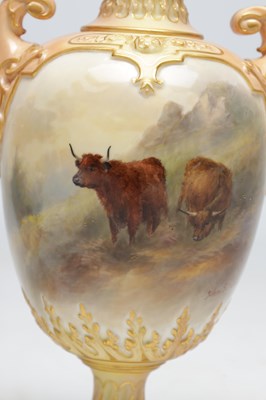 Lot 585 - JOHN STINTON. A FINE PAIR OF ROYAL WORCESTER PORCELAIN OVOID PEDESTAL CABINET VASES AND COVERS
