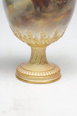 Lot 585 - JOHN STINTON. A FINE PAIR OF ROYAL WORCESTER PORCELAIN OVOID PEDESTAL CABINET VASES AND COVERS