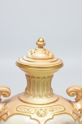 Lot 585 - JOHN STINTON. A FINE PAIR OF ROYAL WORCESTER PORCELAIN OVOID PEDESTAL CABINET VASES AND COVERS