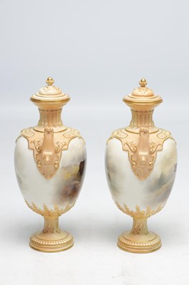 Lot 585 - JOHN STINTON. A FINE PAIR OF ROYAL WORCESTER PORCELAIN OVOID PEDESTAL CABINET VASES AND COVERS