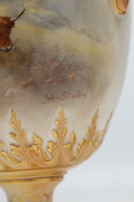 Lot 585 - JOHN STINTON. A FINE PAIR OF ROYAL WORCESTER PORCELAIN OVOID PEDESTAL CABINET VASES AND COVERS