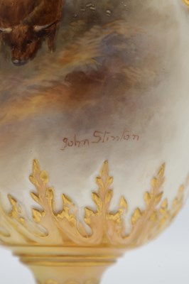 Lot 585 - JOHN STINTON. A FINE PAIR OF ROYAL WORCESTER PORCELAIN OVOID PEDESTAL CABINET VASES AND COVERS