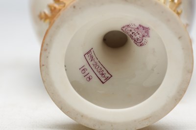 Lot 585 - JOHN STINTON. A FINE PAIR OF ROYAL WORCESTER PORCELAIN OVOID PEDESTAL CABINET VASES AND COVERS