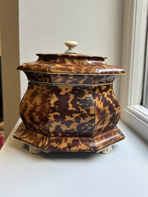 Lot 1407 - AN EARLY 19TH CENTURY TORTOISESHELL AND SILVER WIRE INLAID HEXAGONAL DOUBLE TEA CADDY