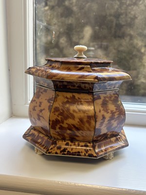 Lot 1407 - AN EARLY 19TH CENTURY TORTOISESHELL AND SILVER WIRE INLAID HEXAGONAL DOUBLE TEA CADDY