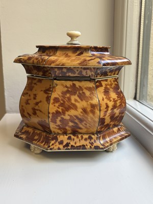 Lot 1407 - AN EARLY 19TH CENTURY TORTOISESHELL AND SILVER WIRE INLAID HEXAGONAL DOUBLE TEA CADDY