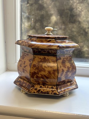 Lot 1407 - AN EARLY 19TH CENTURY TORTOISESHELL AND SILVER WIRE INLAID HEXAGONAL DOUBLE TEA CADDY