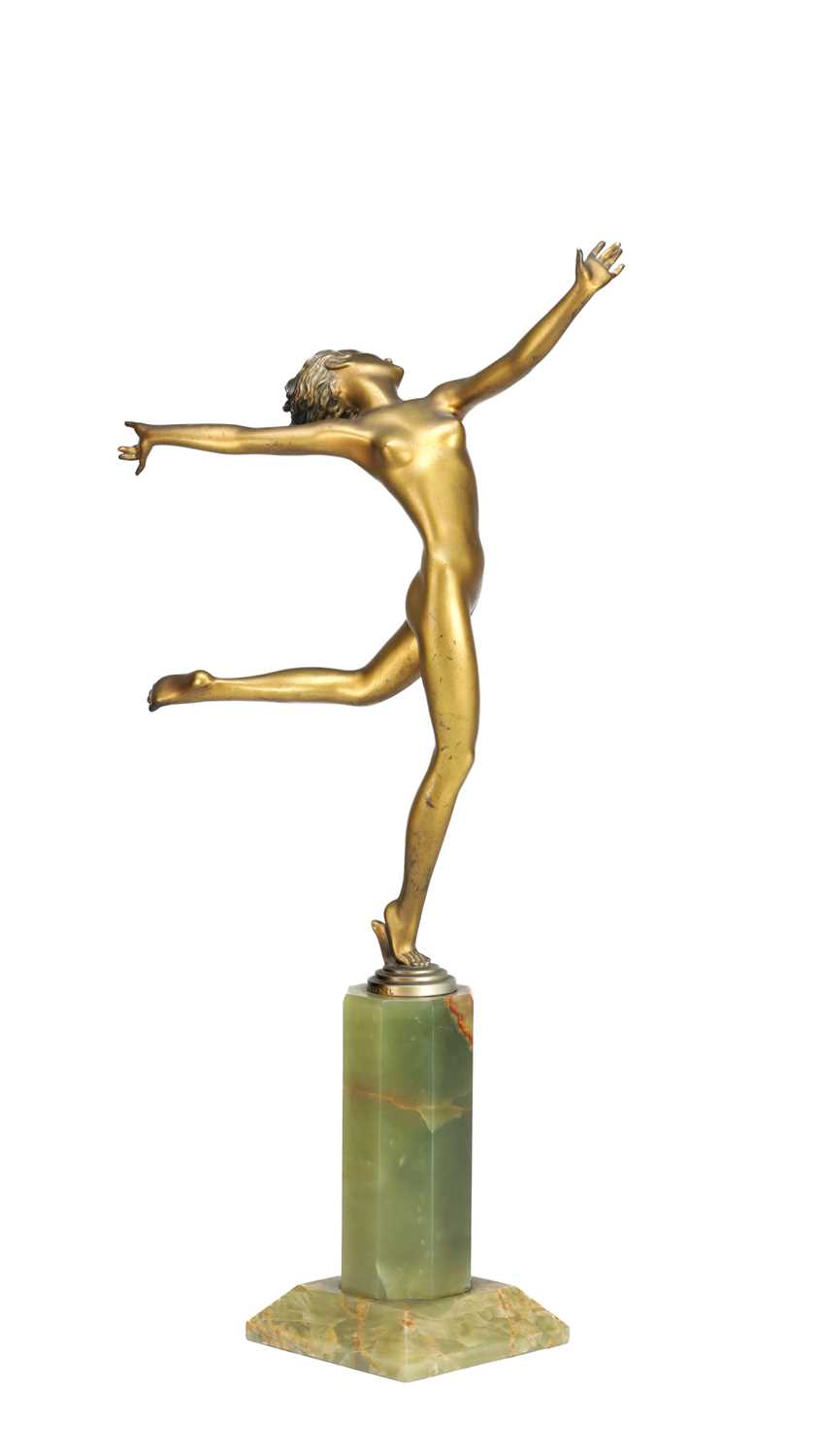 Lot 1136 - JOSEF LORENZL AN AUSTRIAN ART DECO GILT BRONZE FIGURE OF A NUDE DANCER ON GREEN ONYX BASE
