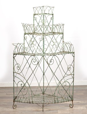Lot 1105 - A WROUGHT IRON WIREWORK FOUR-TIER CORNER PLANT STAND