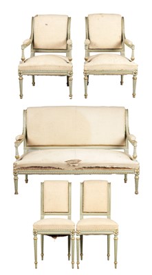 Lot 1586 - A LATE 19TH CENTURY FRENCH LOUIS XVI STYLE PAINTED WOOD SEAT SUITE