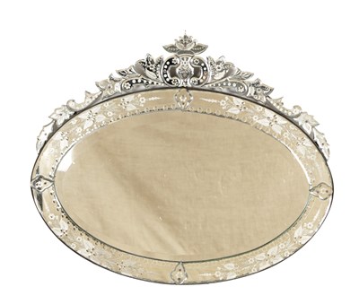 Lot 1486 - A 19TH CENTURY VENETIAN ETCHED GLASS OVAL MIRROR