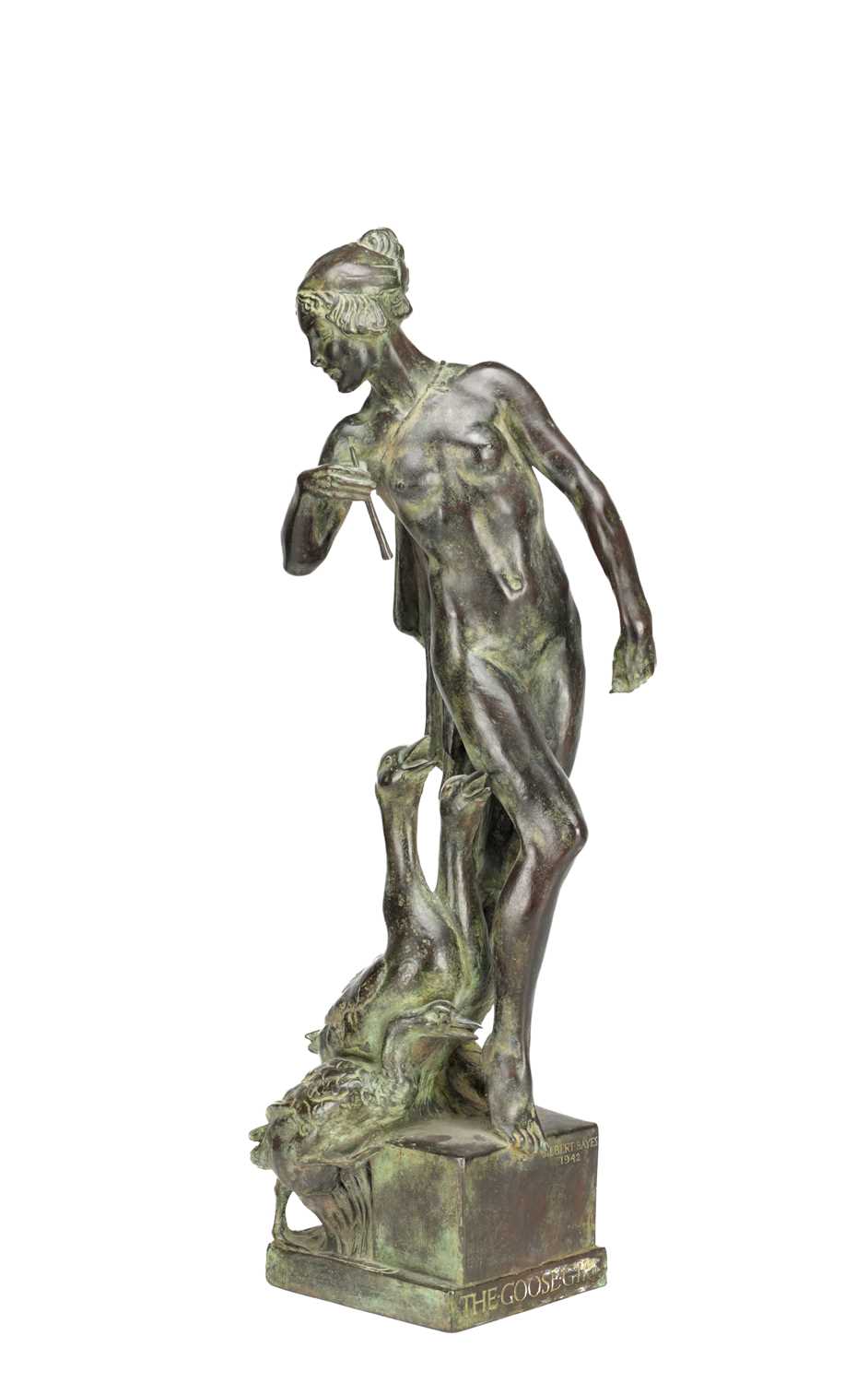 Lot 1046 - GILBERT WILLIAM BAYES A PATINATED BRONZE FIGURE THE GOOSE GIRL DATED 1942