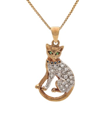 Lot 146 - A 9CT GOLD DIAMOND, EMERALD AND SAPPHIRE CAT PENDANT ON AN 18CT YELLOW GOLD CHAIN