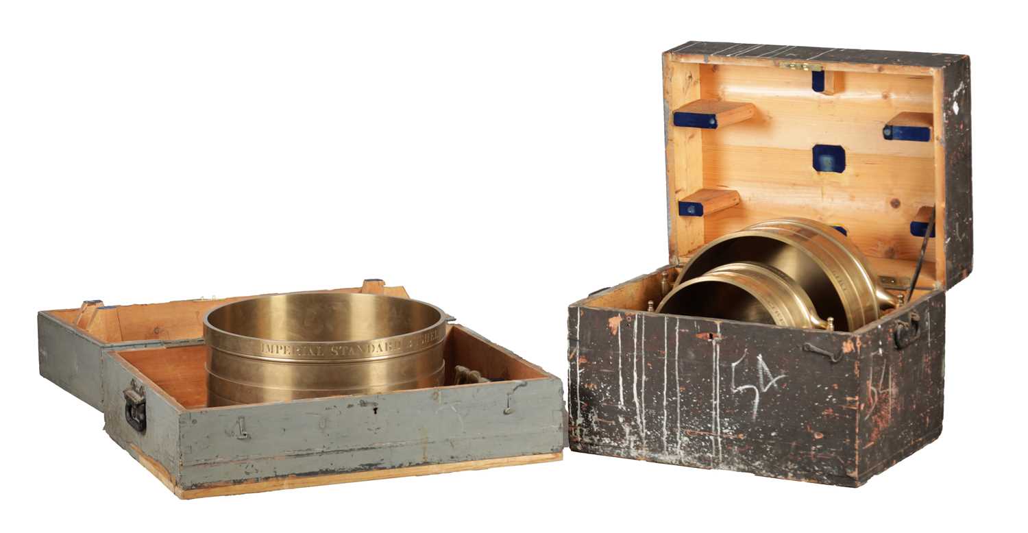Lot 1022 - A SET OF THREE IMPERIAL STANDARD BELL METAL COUNTY MEASURES BY J. M'EWAN, LONDON AND MELBOURNE