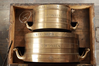 Lot 1022 - A SET OF THREE IMPERIAL STANDARD BELL METAL COUNTY MEASURES BY J. M'EWAN, LONDON AND MELBOURNE
