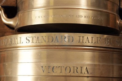 Lot 1022 - A SET OF THREE IMPERIAL STANDARD BELL METAL COUNTY MEASURES BY J. M'EWAN, LONDON AND MELBOURNE