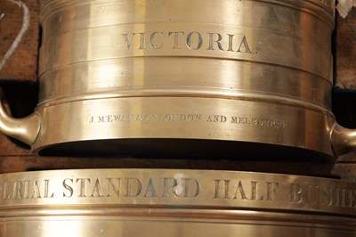 Lot 1022 - A SET OF THREE IMPERIAL STANDARD BELL METAL COUNTY MEASURES BY J. M'EWAN, LONDON AND MELBOURNE