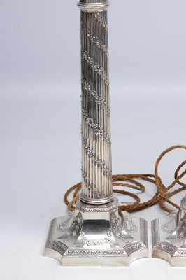 Lot 57 - A SET OF FOUR LATE 20TH CENTURY ENGLISH SILVER CORINTHIAN COLUMN TABLE LAMPS