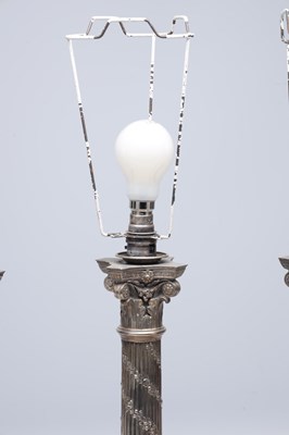 Lot 57 - A SET OF FOUR LATE 20TH CENTURY ENGLISH SILVER CORINTHIAN COLUMN TABLE LAMPS