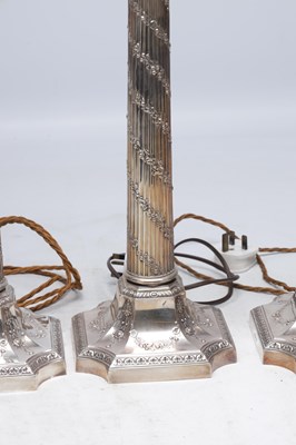Lot 57 - A SET OF FOUR LATE 20TH CENTURY ENGLISH SILVER CORINTHIAN COLUMN TABLE LAMPS
