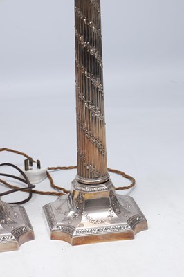 Lot 57 - A SET OF FOUR LATE 20TH CENTURY ENGLISH SILVER CORINTHIAN COLUMN TABLE LAMPS